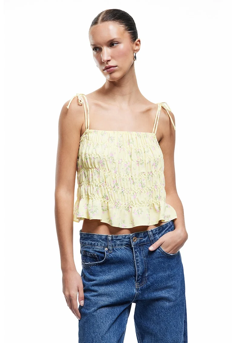 Top crop cu fronseuri, Verde/Roz pastel/Galben pal