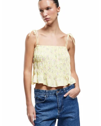 Top crop cu fronseuri, Verde/Roz pastel/Galben pal