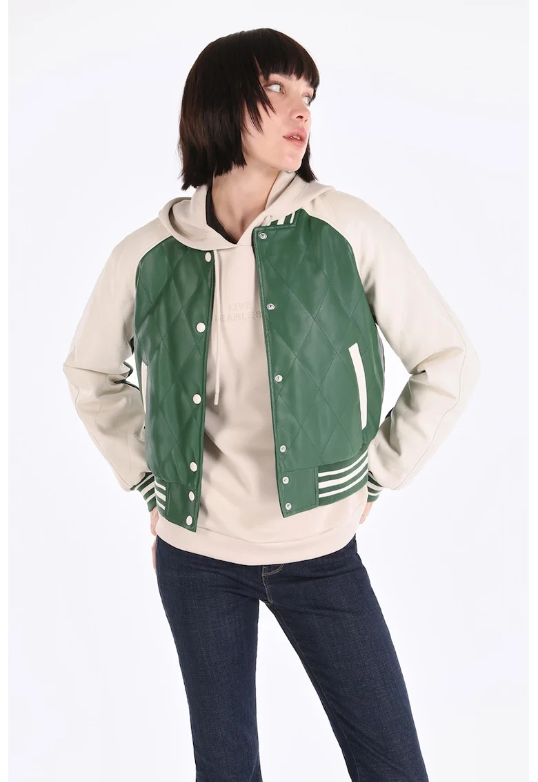 Jacheta bomber cu maneci raglan, Verde/Alb fildes