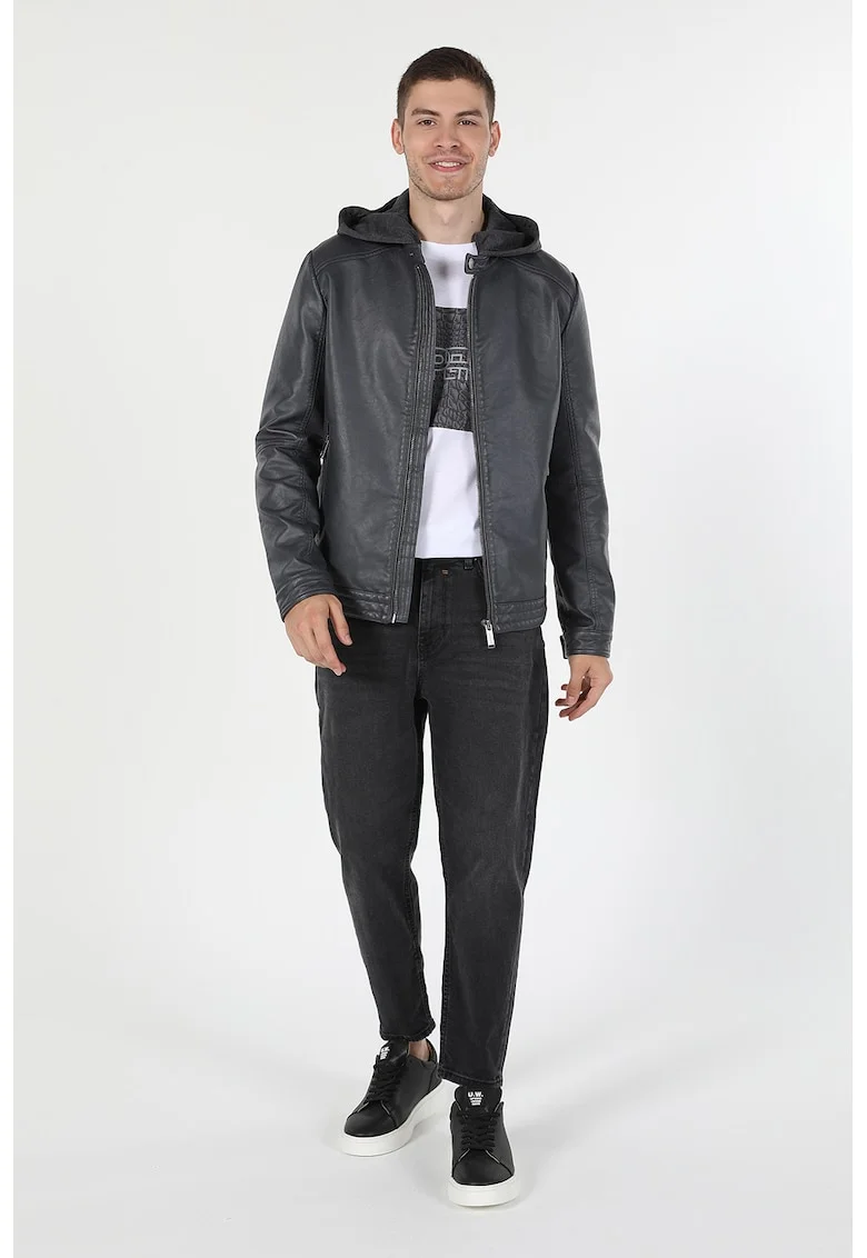 Jacheta slim fit de piele ecologica cu gluga, Gri inchis