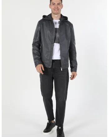 Jacheta slim fit de piele ecologica cu gluga, Gri inchis