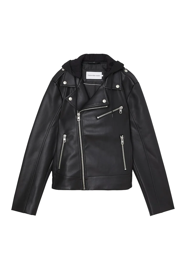 Jacheta biker de piele ecologica cu gluga, Negru