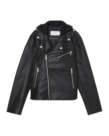 Jacheta biker de piele ecologica cu gluga, Negru