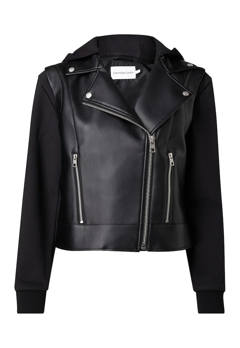 Jacheta biker de piele ecologica cu gluga, Negru
