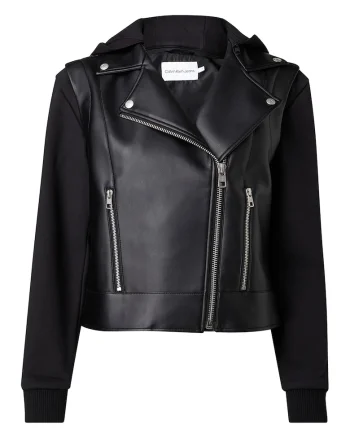 Jacheta biker de piele ecologica cu gluga, Negru