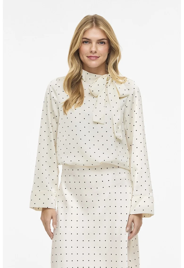 Bluza din satin cu funda din panglici, Albastru inchis/Alb murdar