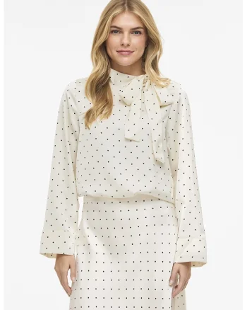 Bluza din satin cu funda din panglici, Albastru inchis/Alb murdar