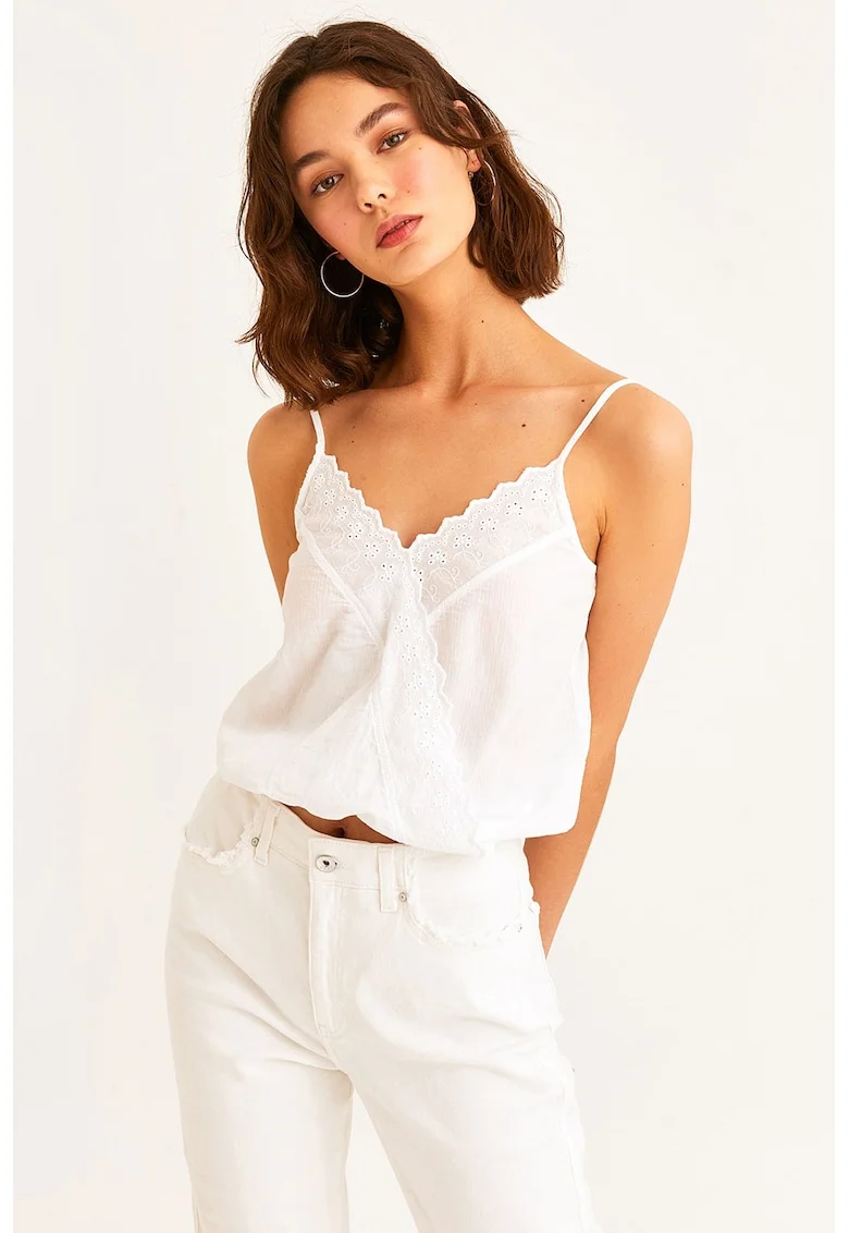 Top de bumbac cu broderie Sangallo, Alb optic