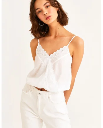 Top de bumbac cu broderie Sangallo, Alb optic