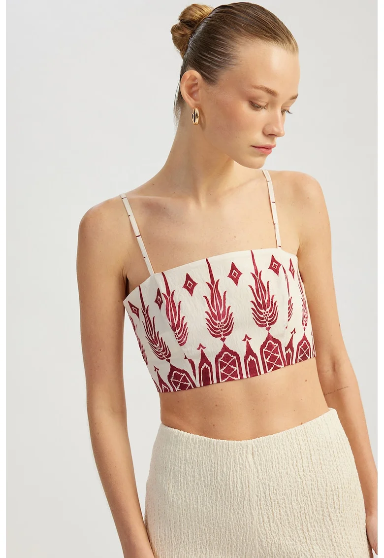 Top crop cu imprimeu grafic, Rosu/Bej deschis