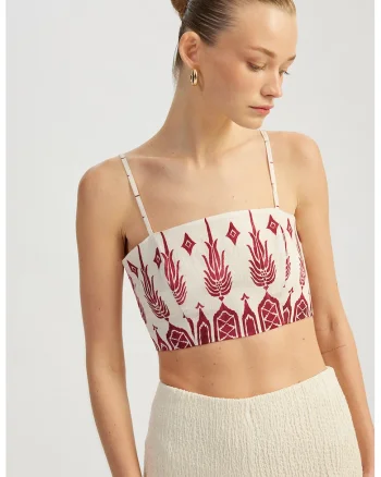 Top crop cu imprimeu grafic, Rosu/Bej deschis