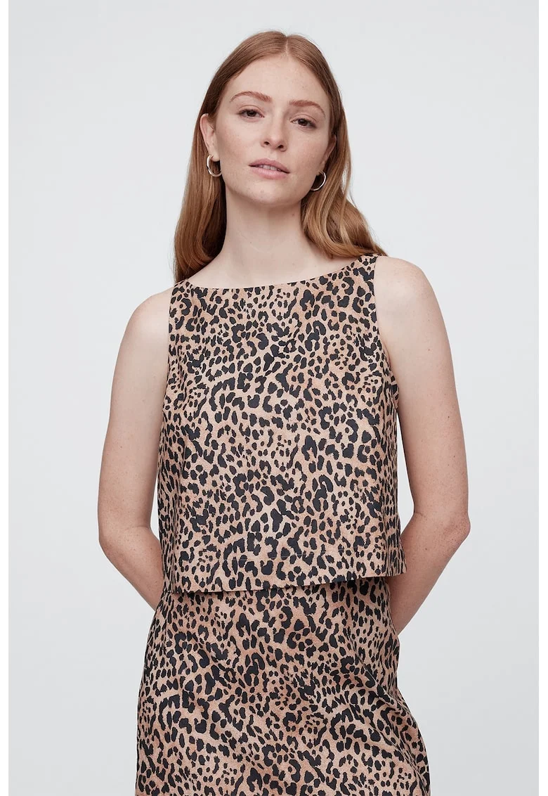 Top din amestec de in cu animal print, Negru/Maro
