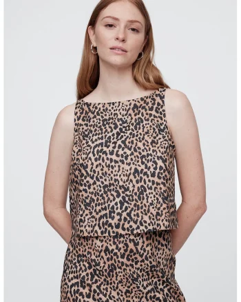 Top din amestec de in cu animal print, Negru/Maro