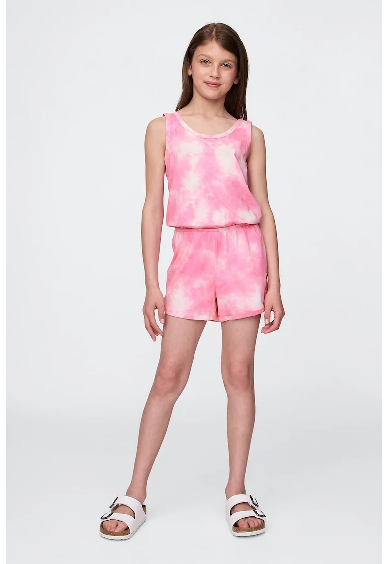 Salopeta scurta din amestec de bumbac cu model tie-dye, Roz deschis/Alb murdar