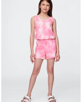 Salopeta scurta din amestec de bumbac cu model tie-dye, Roz deschis/Alb murdar