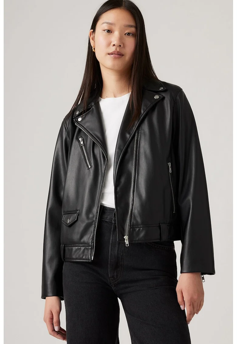 Jacheta biker de piele ecologica, Negru