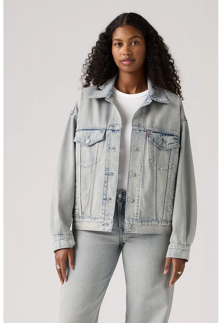 Jacheta relaxed fit din denim 90's Trucker, Rosu/Gri deschis/Albastru inchis