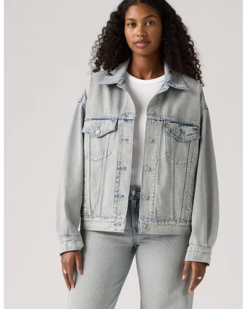 Jacheta relaxed fit din denim 90's Trucker, Rosu/Gri deschis/Albastru inchis