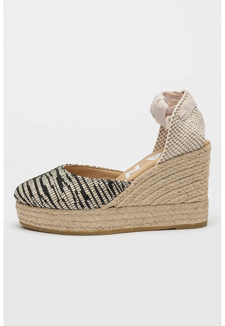 Sandale-espadrile wedge cu model zebra, Alb fildes/Negru