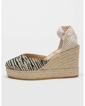 Sandale-espadrile wedge cu model zebra, Alb fildes/Negru