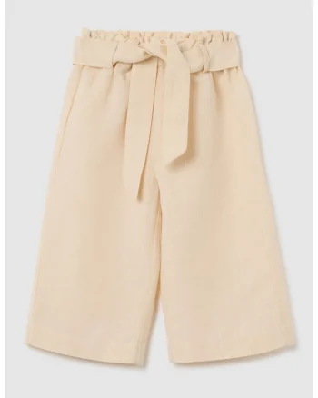 Pantaloni culotte cu cordon in talie, Bej
