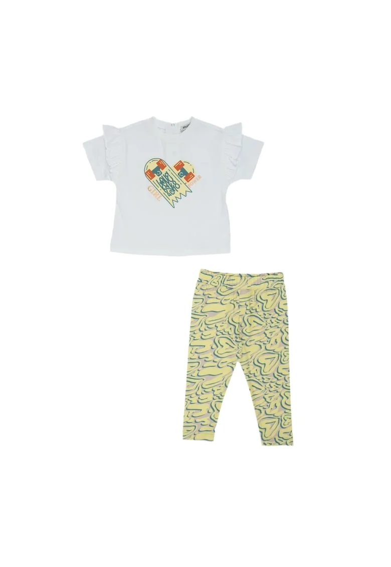 Set 2 piese: tricou si colanti imprimati inimioare  - Keep Going, Alb si Galben, pentru fetite, Galben