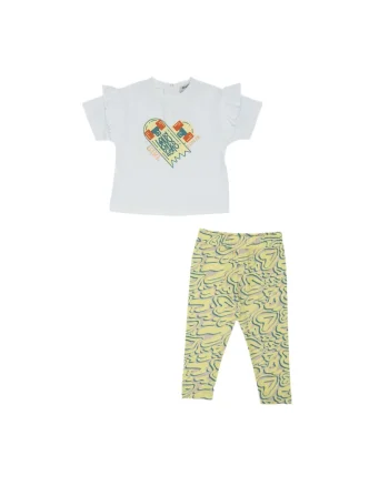 Set 2 piese: tricou si colanti imprimati inimioare  - Keep Going, Alb si Galben, pentru fetite, Galben