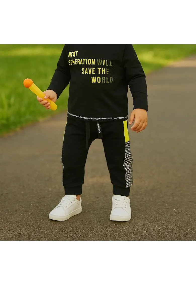 Pantaloni sport cu dunga galbena in parti  - City Boys, Negru si Galben Fosforescent, pentru baietei, Negru