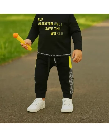 Pantaloni sport cu dunga galbena in parti  - City Boys, Negru si Galben Fosforescent, pentru baietei, Negru