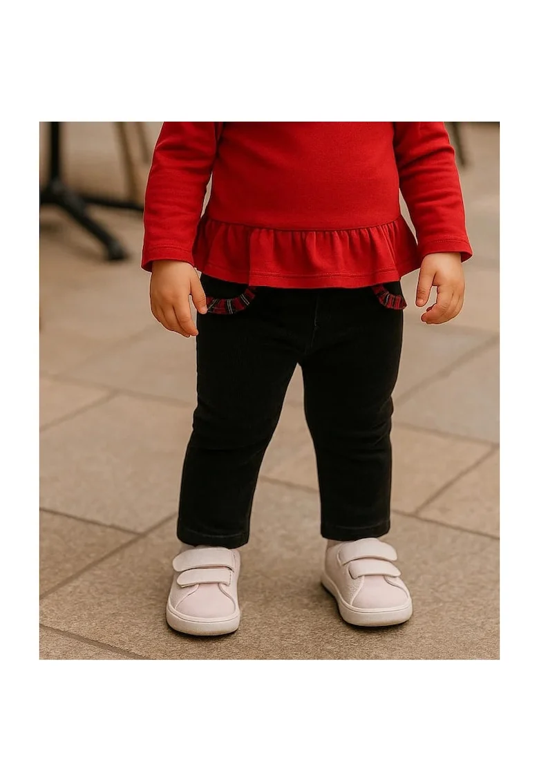 Pantaloni cu volan rosu la buzunare  - Stuart, Negru, pentru fetite, Negru