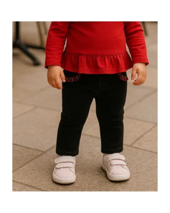 Pantaloni cu volan rosu la buzunare  - Stuart, Negru, pentru fetite, Negru