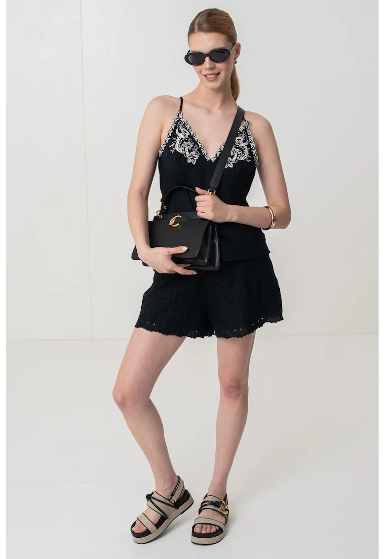 Top din amestec de in cu detaliii florale brodate, Alb fildes/Negru