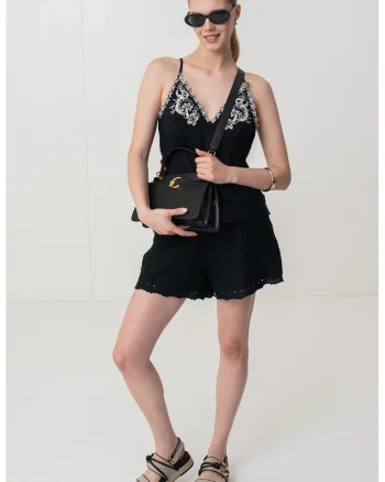 Top din amestec de in cu detaliii florale brodate, Alb fildes/Negru