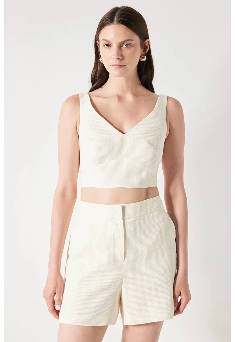 Top crop cu decolteu in V, Alb fildes