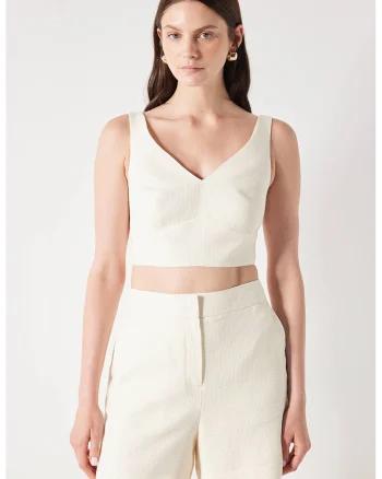 Top crop cu decolteu in V, Alb fildes
