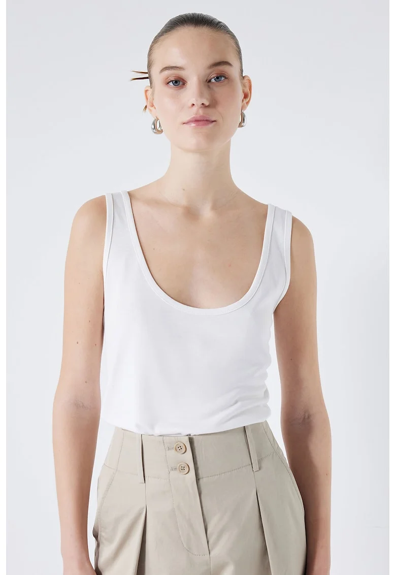 Top cu model uni si decolteu rotund, Alb optic