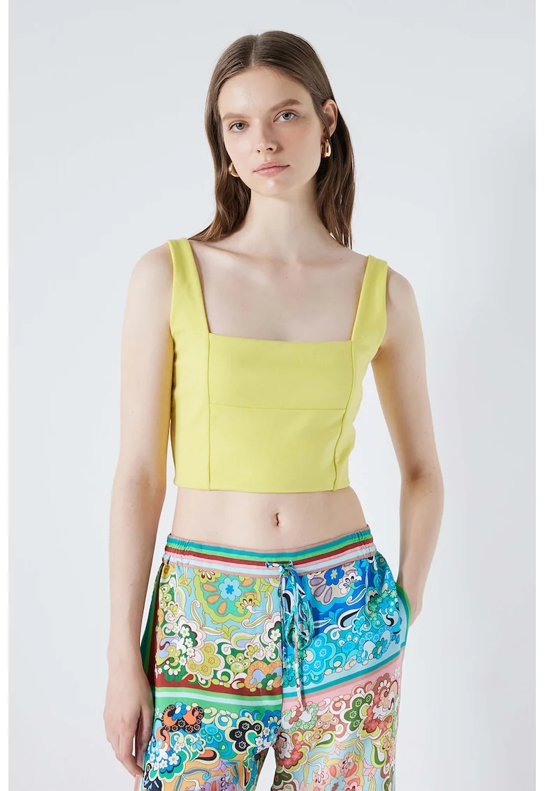 Top crop cu decolteu patrat, Galben pai