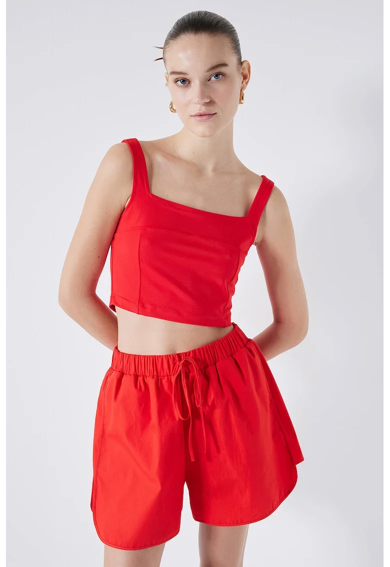 Top crop cu decolteu patrat, Rosu vermillion