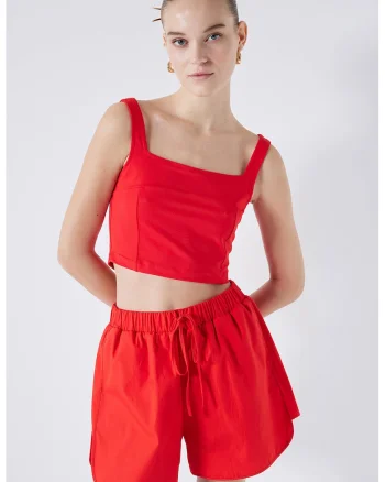 Top crop cu decolteu patrat, Rosu vermillion