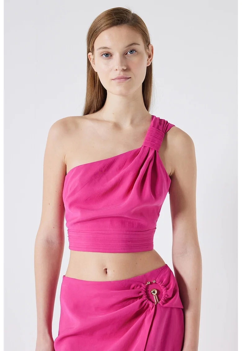 Top crop din amestec de modal cu model asimetric, Fucsia