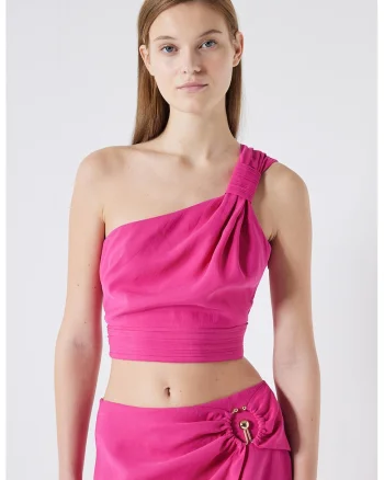 Top crop din amestec de modal cu model asimetric, Fucsia