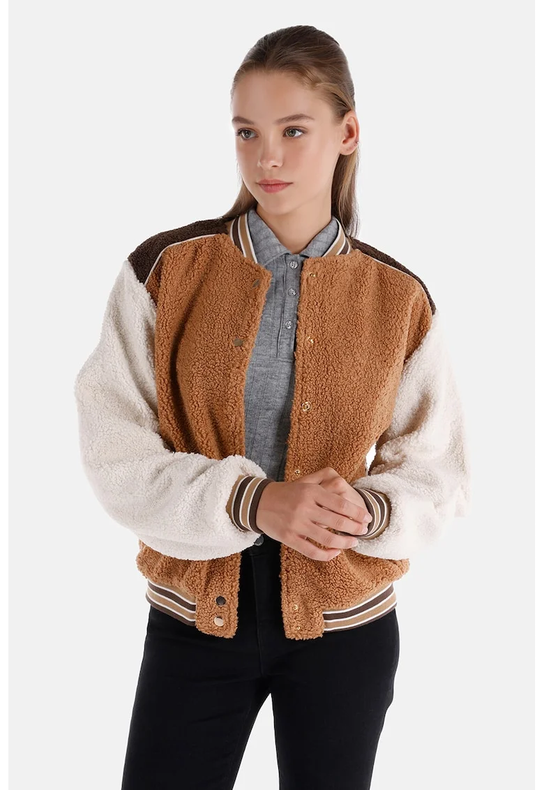 Jacheta cu blana sherpa si model colorblock, Maro/Alb murdar