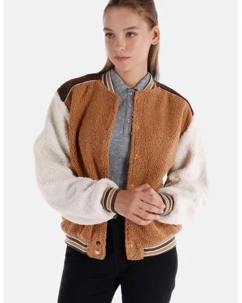 Jacheta cu blana sherpa si model colorblock, Maro/Alb murdar