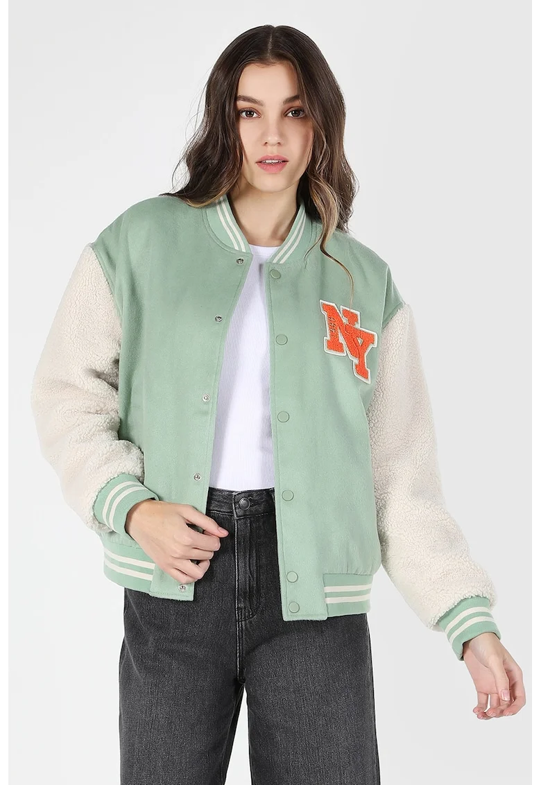 Jacheta cu model colorblock si buzunare laterale, Verde deschis/Alb murdar