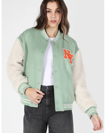 Jacheta cu model colorblock si buzunare laterale, Verde deschis/Alb murdar