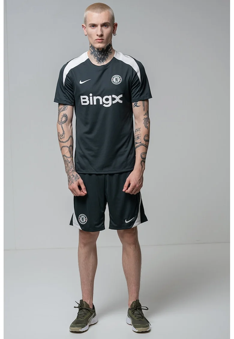 Tricou cu Dri Fit si decolteu la baza gatului pentru fotbal, Alb fildes/Verde inchis