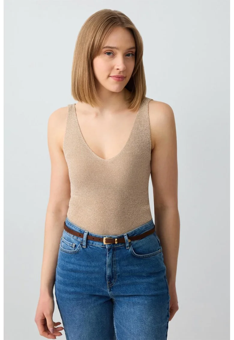 Top slim fit cu decolteu in V, Bej