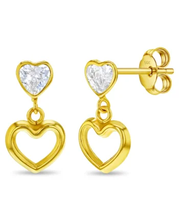 Cercei din Aur 14K pentru model Heart to Heart Dangle cu Piatra CZ cu