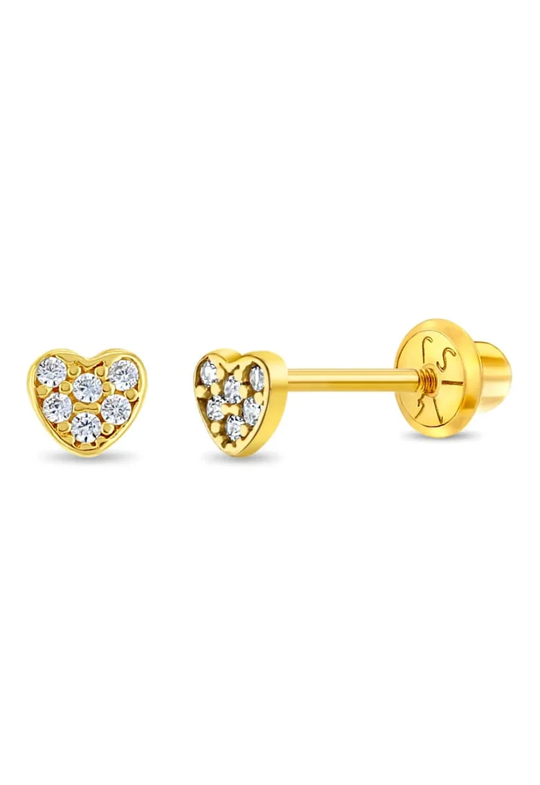 Cercei din Aur 14K pentru Nou-Nascuti si Bebelusi, model Inimioara cu Pietre CZ clare, inchidere cu Filet si Protectie