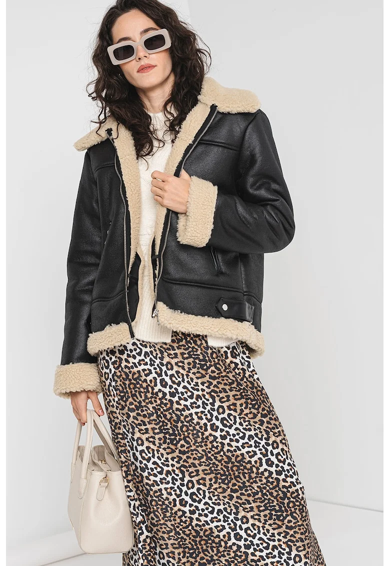 Jacheta din blana shearling sintetica, Negru/Bej